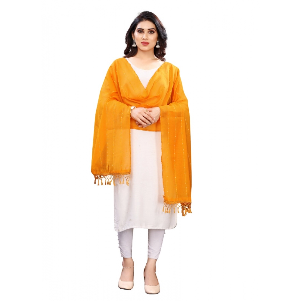 Generic Women's Cotton Silk Strips Printed Dupatta (Musterd Yellow, Length:2-2.4 mtr)