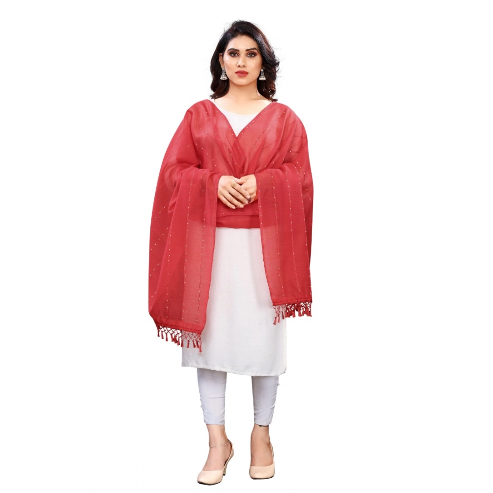 Generic Women's Cotton Silk Strips Printed Dupatta (Maroon, Length:2-2.4 mtr)