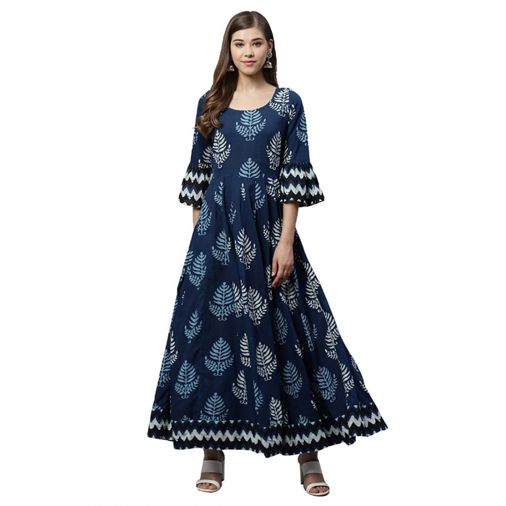 Generic Women's Cotton Printed Regular Kurti (Blue, Cotton )