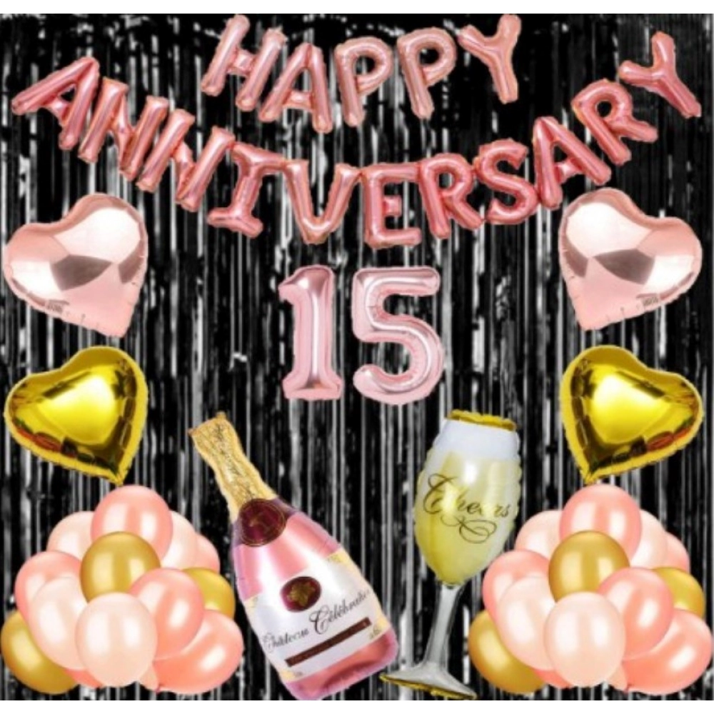 Generic 15Th Anniversary Rose Gold Foil Balloons With Happy Decoration Items Set (Rose Gold)