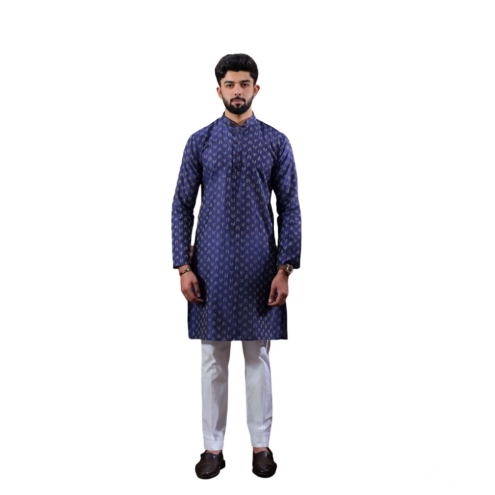 Generic Men's Casual Cotton Printed Full Sleeve Kurta Pyjama Set (Navy Blue)