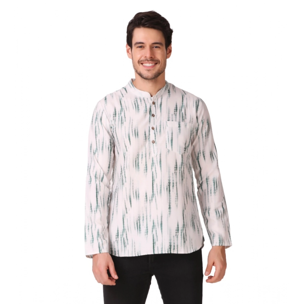 Generic Men's Cotton Rayon Digital Printed Mandarin Collar Short Kurta (Green)