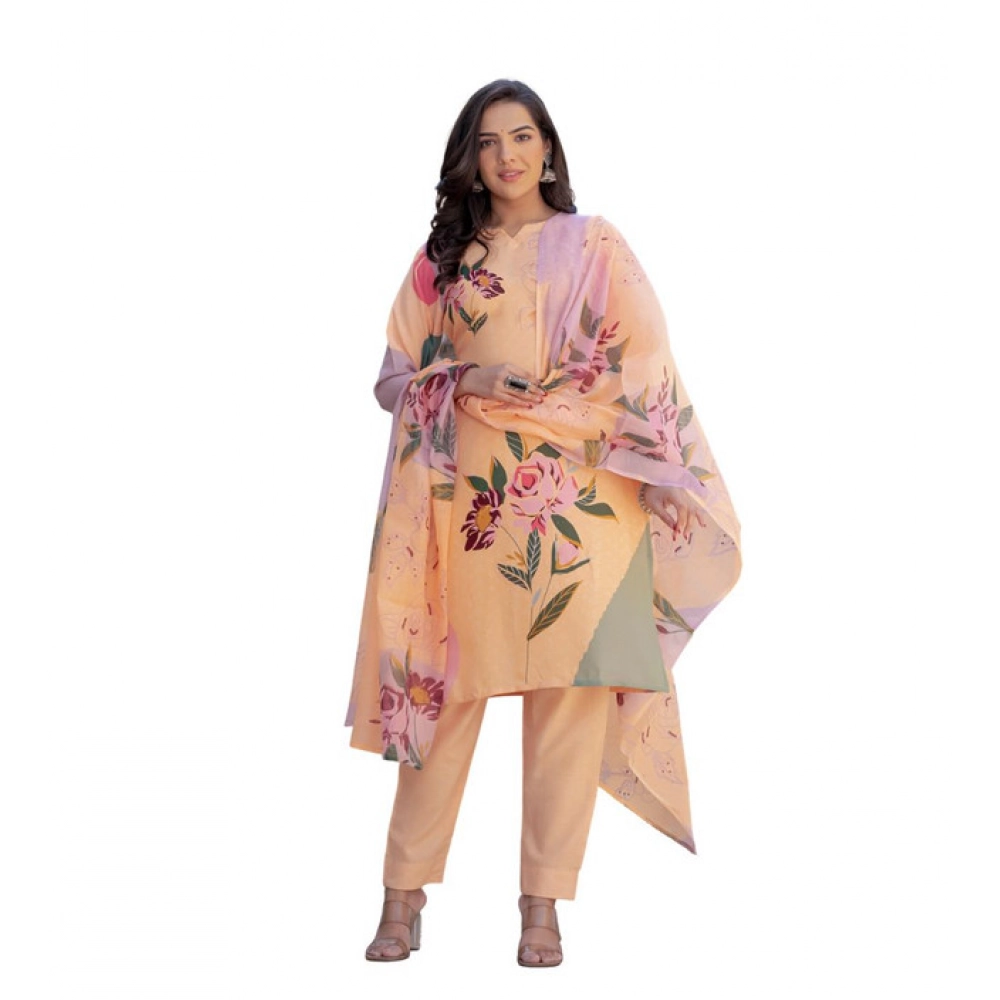 Generic Women's Cotton Blend Printed Kurti With Pant Dupatta Set (Orange)