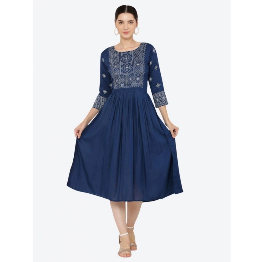 Generic Women's Casual Rayon 3-4th Sleeves Kurti (Blue)