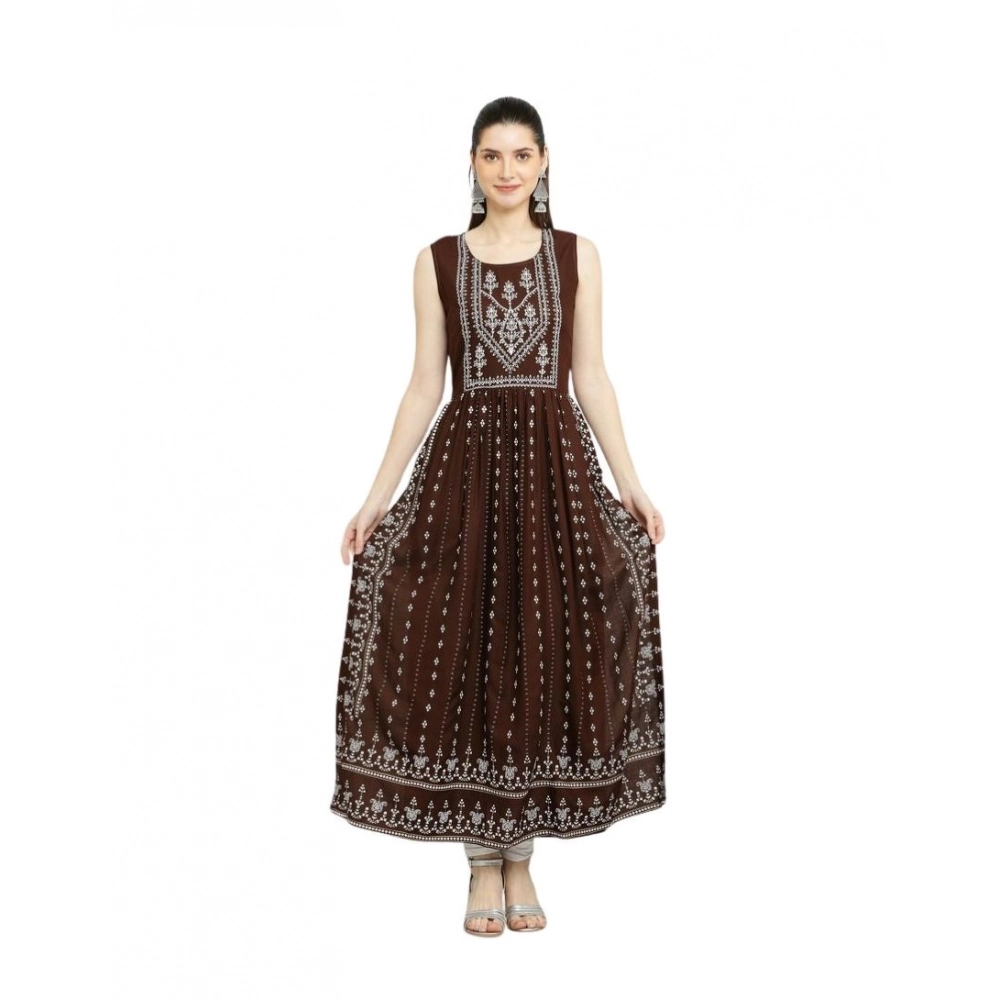 Generic Women's Casual Rayon Sleeveless Kurti (Brown)