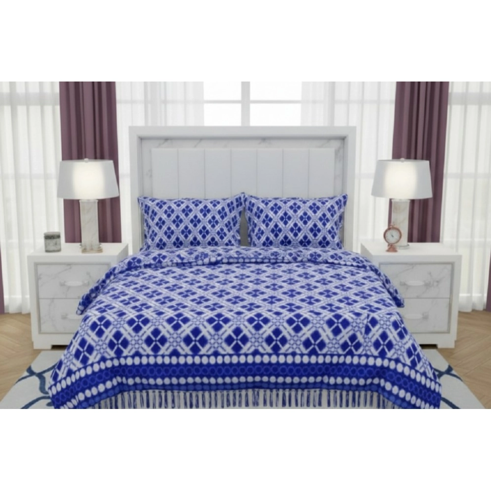 Generic Fleece Geometric Double Polar Warm Bedsheet with 2 Pillow Cover (Blue)