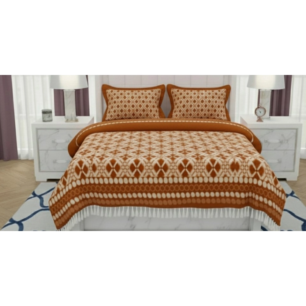 Generic Fleece Geometric Double Polar Warm Bedsheet with 2 Pillow Cover (Orange)